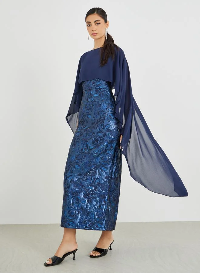 Styli Styli  Jacquard Chiffon Cape Sleeve Cape Maxi Dress