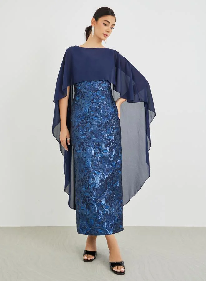 Styli Styli  Jacquard Chiffon Cape Sleeve Cape Maxi Dress