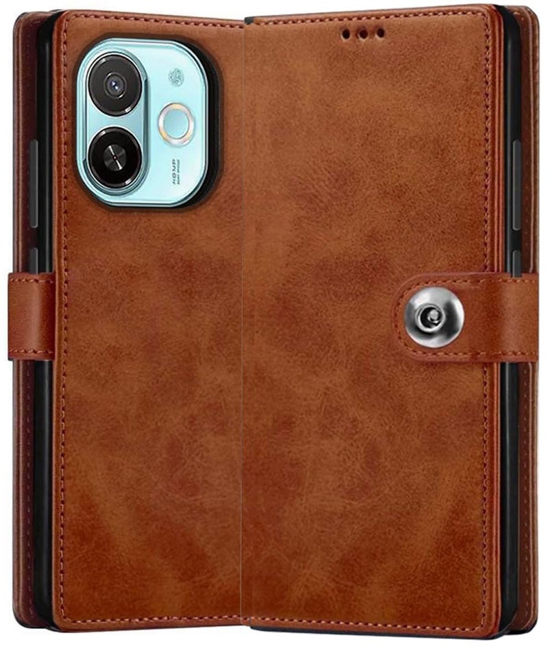 Shinestar غطاء خلفي فخم بتشطيب جلد SHINESTAR Ultimate لهاتف Tecno Pop 9 5G | Tecno Spark 30C 5G | داخل TPU وحامل مدمج | غطاء خلفي على طراز المحفظة | إغلاق مغناطيسي بأزرار أنيق - بني - Image 1