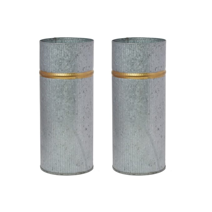 SET OF 2 GALVANIZED VASES WITH GOLD RIM 4 DIA X10 H IDEAL FLORAL VASES FOR FLORAL ARRANGEMENTS FARMHOUSE KITCHEN DECOR RUSTIC ELEGANCE AND MODERN APPEAL IN ONE FARMHOUSE CHIC