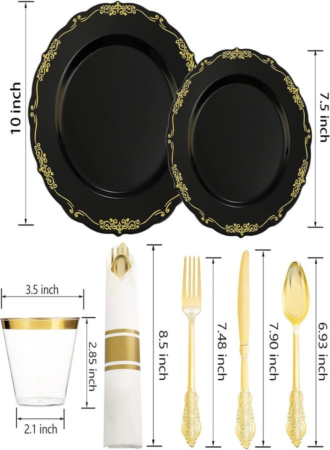U-QE 175PCS Black Plastic Plates&Pre Rolled Napkins with Gold Cutlery, Black and Gold Plastic Dinnerware Set for 25Dinner Plates, 25Dessert Plates, 25Cups, 25Gold Silverware Sets, 25Napkins for Party - Image 2