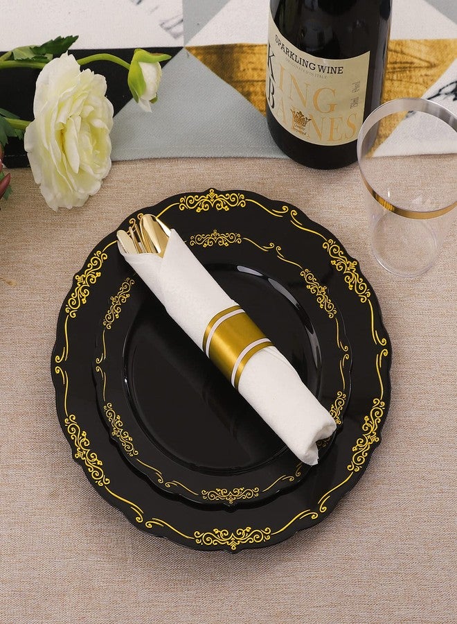 U-QE 175PCS Black Plastic Plates&Pre Rolled Napkins with Gold Cutlery, Black and Gold Plastic Dinnerware Set for 25Dinner Plates, 25Dessert Plates, 25Cups, 25Gold Silverware Sets, 25Napkins for Party - Image 3