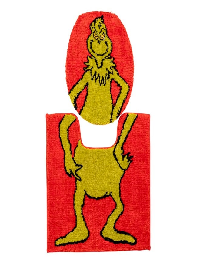 Franco Collectibles Grinch by Dr. Seuss Holiday & Christmas Poly Knit 2 Piece Toilet Cover, Non Slip and U-Shaped Contour Toilet Mat, (Officially Licensed Product) - Image 1