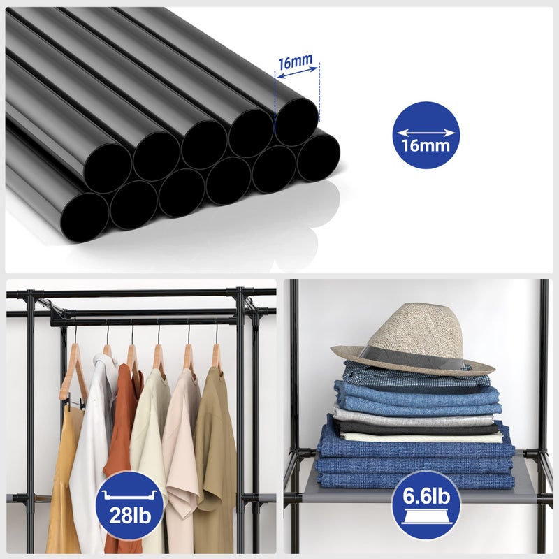 HODYANN Portable Closet, Wardrobe Closet with 10 Storage Shelves and 2 Hanging Rods, Non-Woven Fabric Cover, 52.4 x 18.1 x 66.6 Inches Closet Organizer for Bedroom, Gray - Image 3