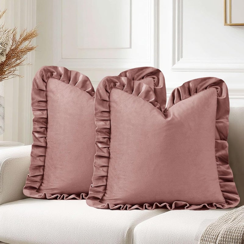 JIUZHEN Velvet Throw Pillow Covers 16x16 Inch, Soild Decorative Throw Pillow Covers for Couch Sofa Bed Livingroom，Wild Rose，Set of 2 with Ruffles - Image 1