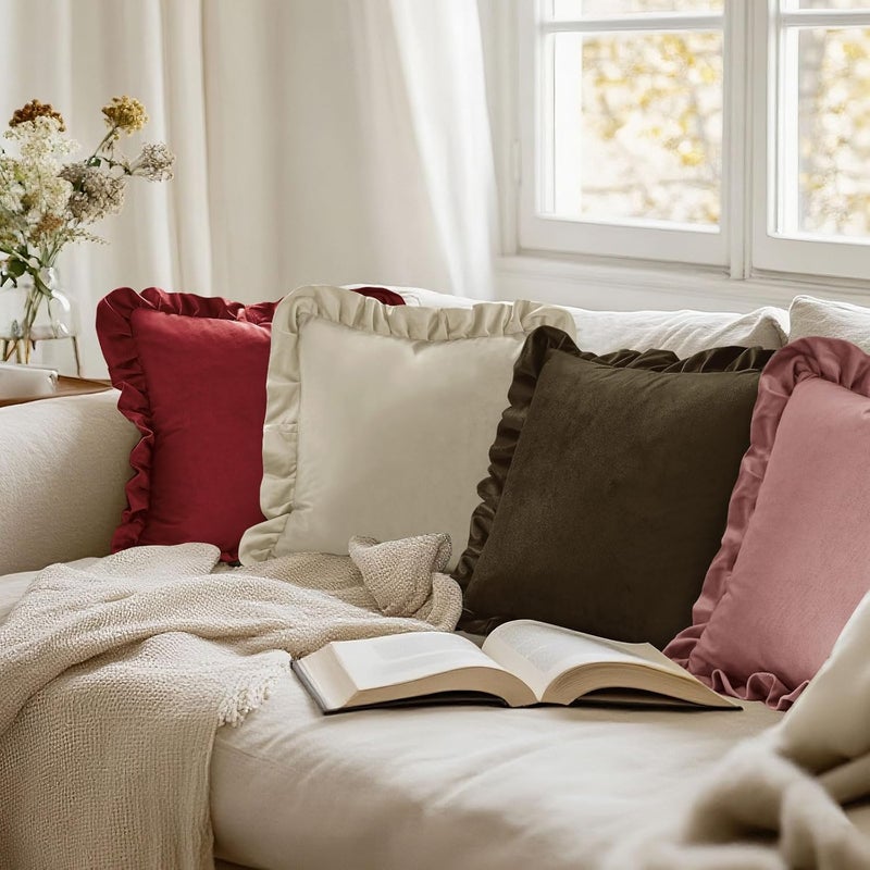 JIUZHEN Velvet Throw Pillow Covers 16x16 Inch, Soild Decorative Throw Pillow Covers for Couch Sofa Bed Livingroom，Wild Rose，Set of 2 with Ruffles - Image 5