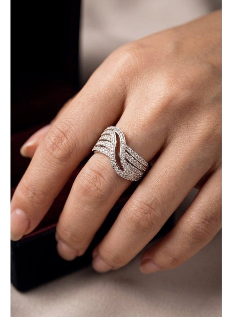 3Diamonds Wave Band Ring with Cubic Zirconia, Platinum & Rhodium Plated - Image 1