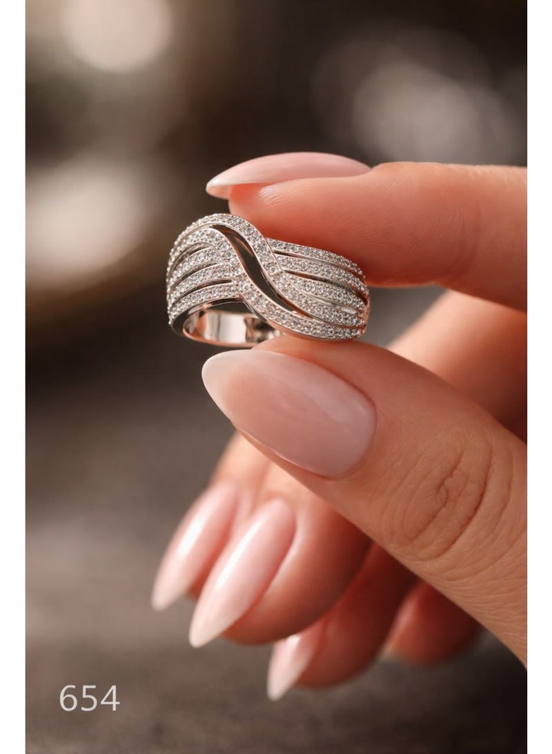 3Diamonds Wave Band Ring with Cubic Zirconia, Platinum & Rhodium Plated - Image 3