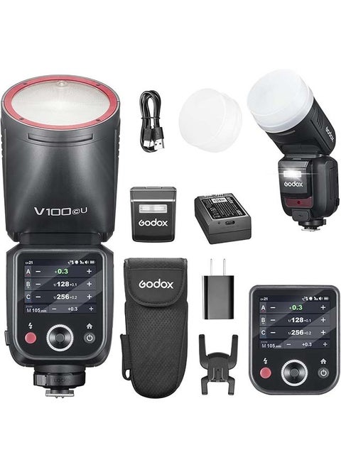 فلاش GODOX V100C USA V100-C U 100 واط برأس مستدير وشاشة تعمل باللمس لكاميرات كانون، لاسلكي 2.4 جيجاهرتز مع فلاش خارجي ومزامنة فلاش الغالق العالمي 1/80000 ثانية، بطارية ليثيوم مدمجة