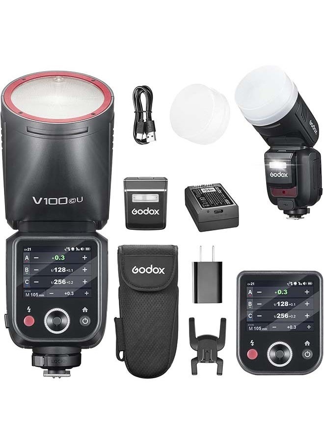 جودوكس فلاش GODOX V100C USA V100-C U 100 واط برأس مستدير وشاشة تعمل باللمس لكاميرات كانون، لاسلكي 2.4 جيجاهرتز مع فلاش خارجي ومزامنة فلاش الغالق العالمي 1/80000 ثانية، بطارية ليثيوم مدمجة  - Image 1
