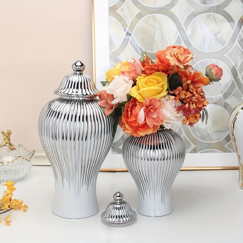Luxury European Style White Ceramic Vase with Lid Ribbed Cylindrical Shape Small Size - Image 2