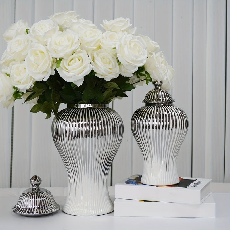 Luxury European Style White Ceramic Vase with Lid Ribbed Cylindrical Shape Small Size - Image 1