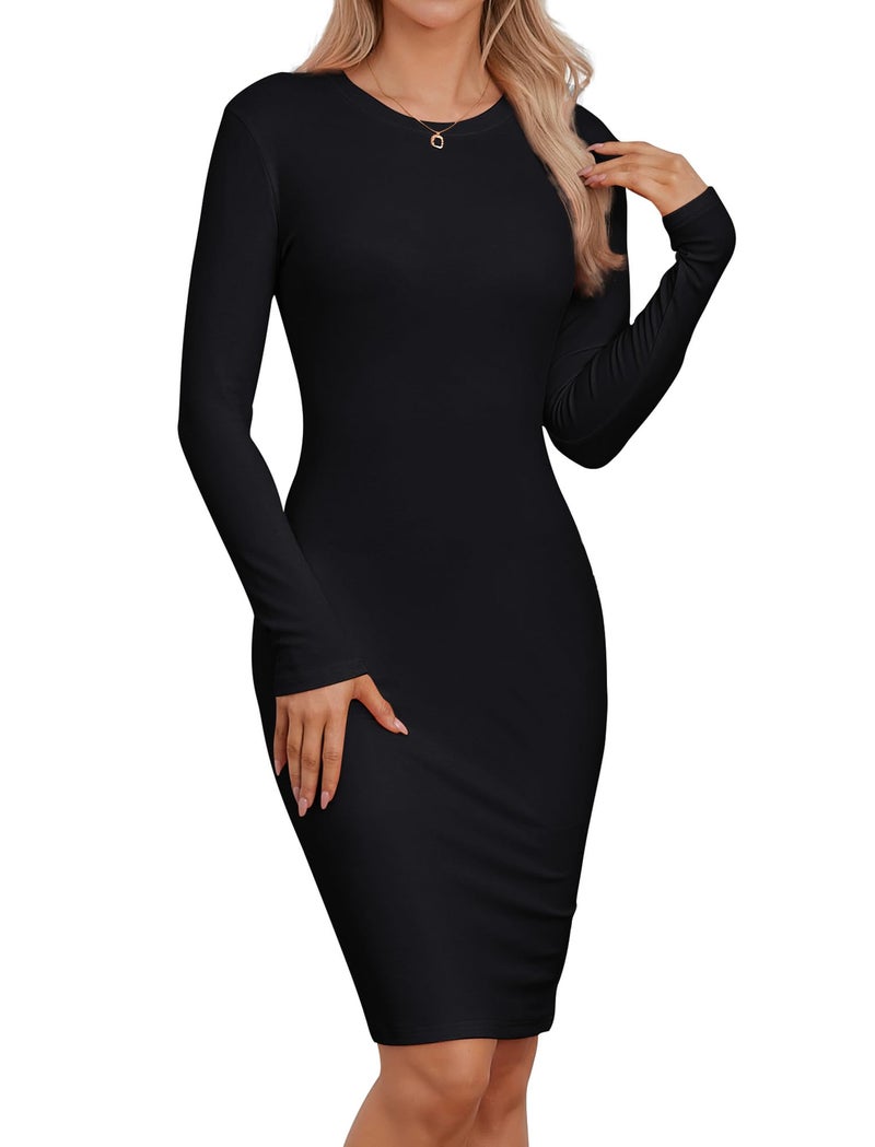 Qaffier Bodycon Dresses for Women Long Sleeve Dress Casual Crew Neck Knee Length Slim Fitted Fleece Dresses Black Small - Image 1