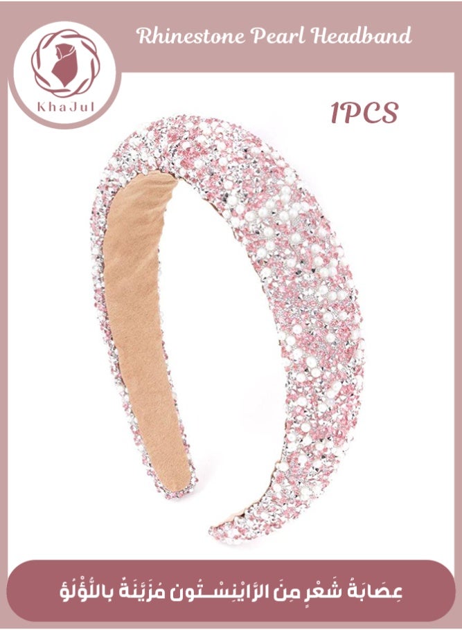 خاجول عصابة شعر نسائية مرصعة باللؤلؤ والراينستون - تصاميم براقة بكريستال وكريستال الماسي - عصابة مبطنة مرصعة بالجواهر بتصميم مطرز - إكسسوارات شعر لامعة للفتيات للمناسبات (باللون الوردي) - Image 1
