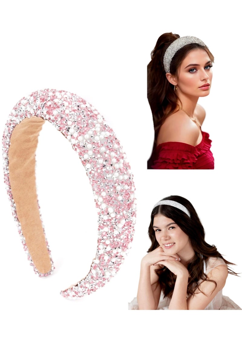 خاجول عصابة شعر نسائية مرصعة باللؤلؤ والراينستون - تصاميم براقة بكريستال وكريستال الماسي - عصابة مبطنة مرصعة بالجواهر بتصميم مطرز - إكسسوارات شعر لامعة للفتيات للمناسبات (باللون الوردي) - Image 2