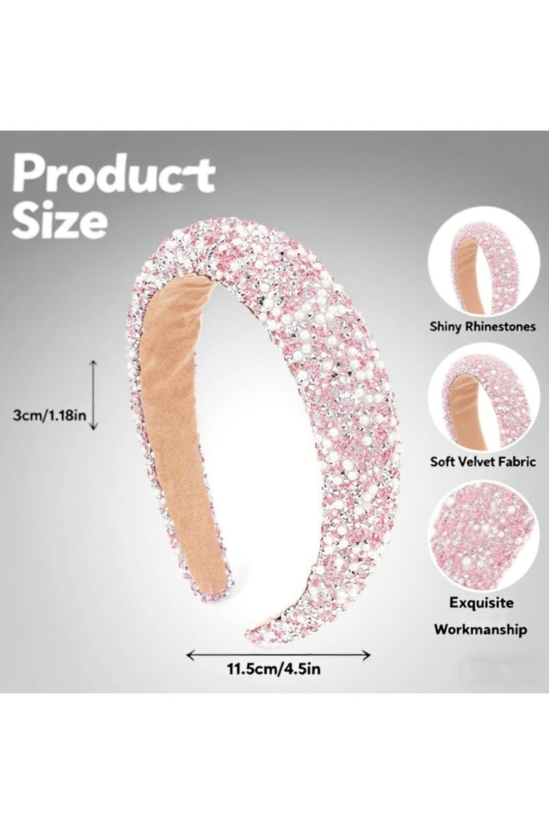 خاجول عصابة شعر نسائية مرصعة باللؤلؤ والراينستون - تصاميم براقة بكريستال وكريستال الماسي - عصابة مبطنة مرصعة بالجواهر بتصميم مطرز - إكسسوارات شعر لامعة للفتيات للمناسبات (باللون الوردي) - Image 3