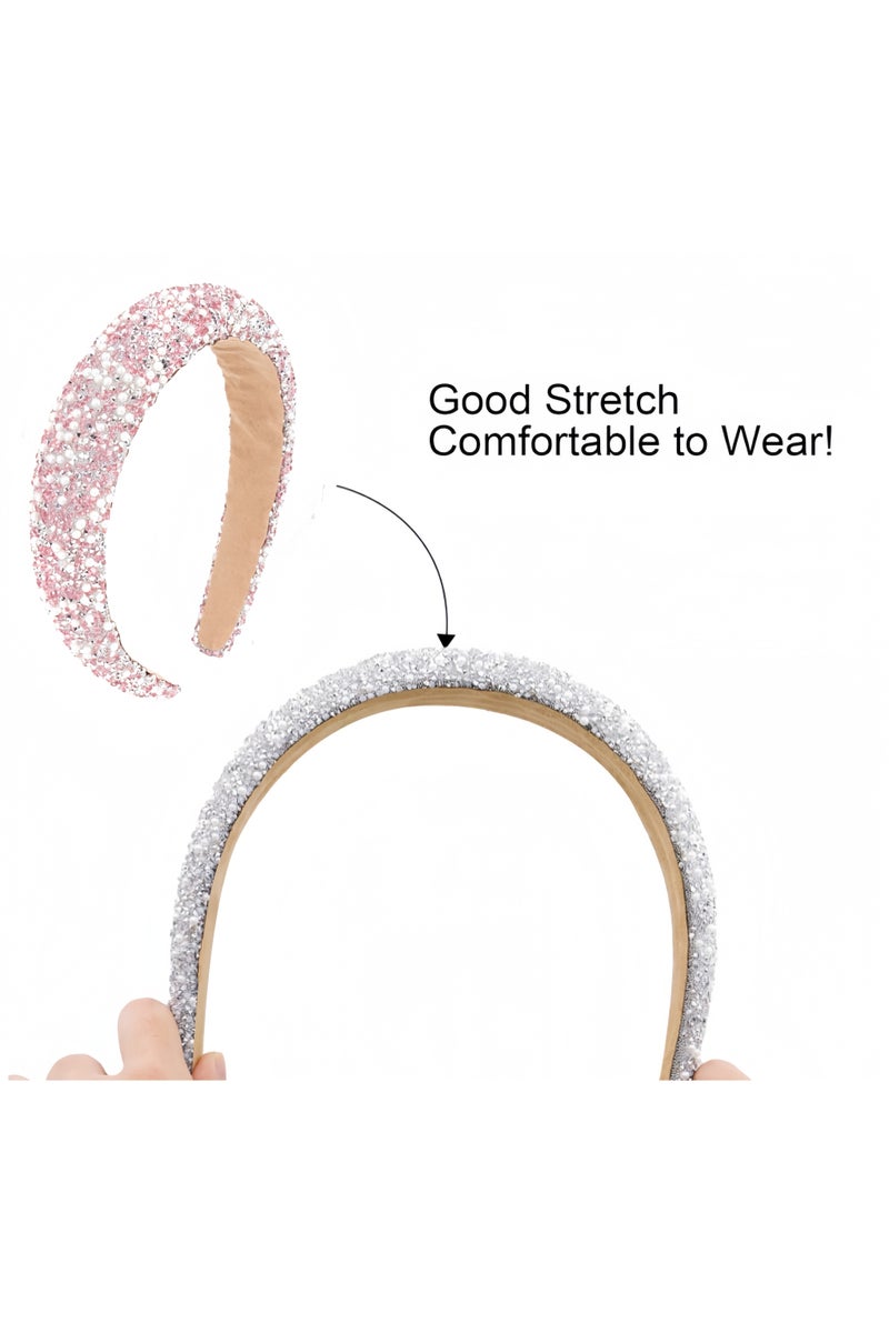 خاجول عصابة شعر نسائية مرصعة باللؤلؤ والراينستون - تصاميم براقة بكريستال وكريستال الماسي - عصابة مبطنة مرصعة بالجواهر بتصميم مطرز - إكسسوارات شعر لامعة للفتيات للمناسبات (باللون الوردي) - Image 4