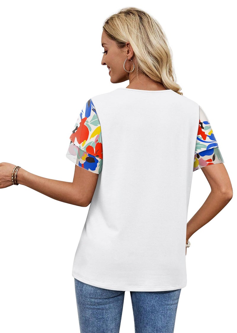 WIHOLL Womens Summer Tops Dressy Casual Short Sleeve Shirts Crewneck White T Shirts Spring Tops Fashion Clothing Beach Vacation Clothes Travel Outfits Loose Fit Work White Blouse Hawaiian Shirts L - Image 5