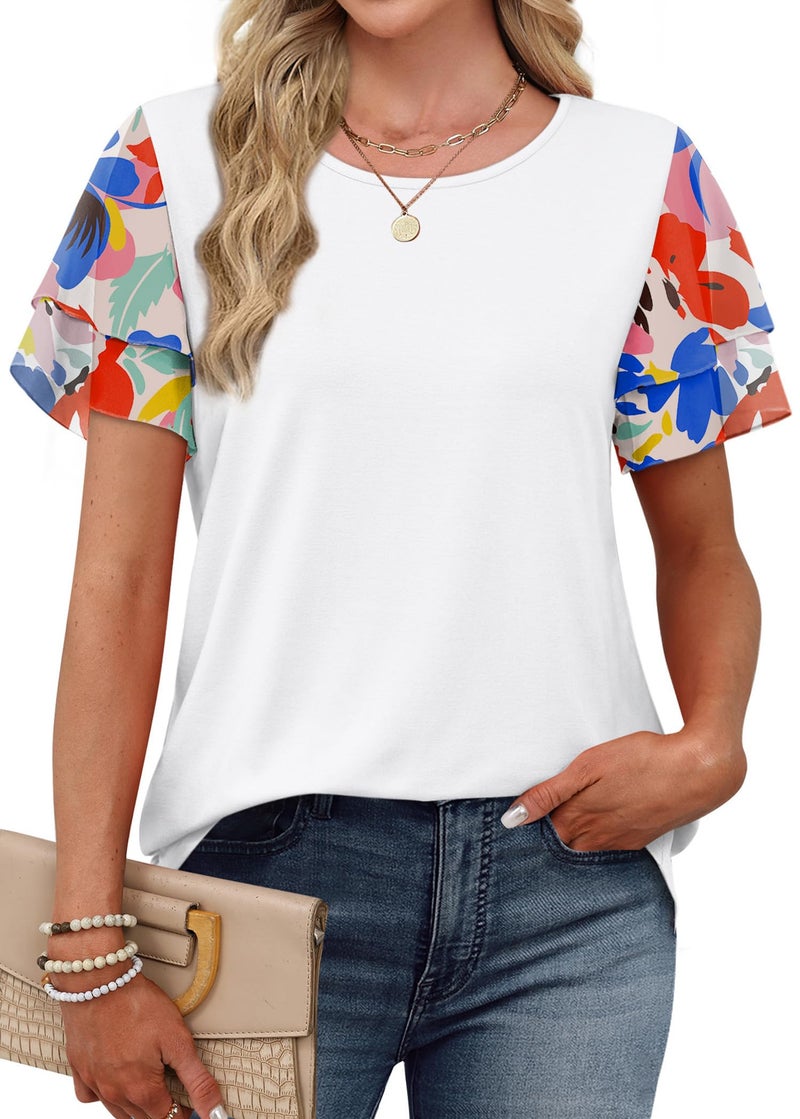 WIHOLL Womens Summer Tops Dressy Casual Short Sleeve Shirts Crewneck White T Shirts Spring Tops Fashion Clothing Beach Vacation Clothes Travel Outfits Loose Fit Work White Blouse Hawaiian Shirts L - Image 2