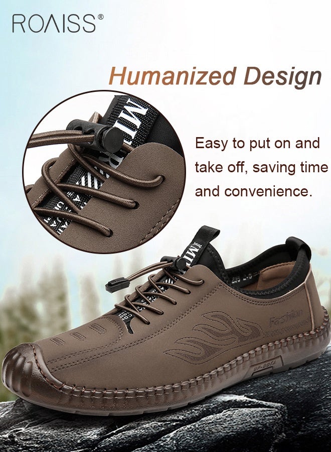 roaiss Men's Casual Drawstring Non-slip Soft Sole Flat Shoes Fashion Round Toe Shoes Daily Hand Stitched Leather Shoes Lace-Up Lightweight Outdoor Casual Loafers Shoes Brown - Image 3