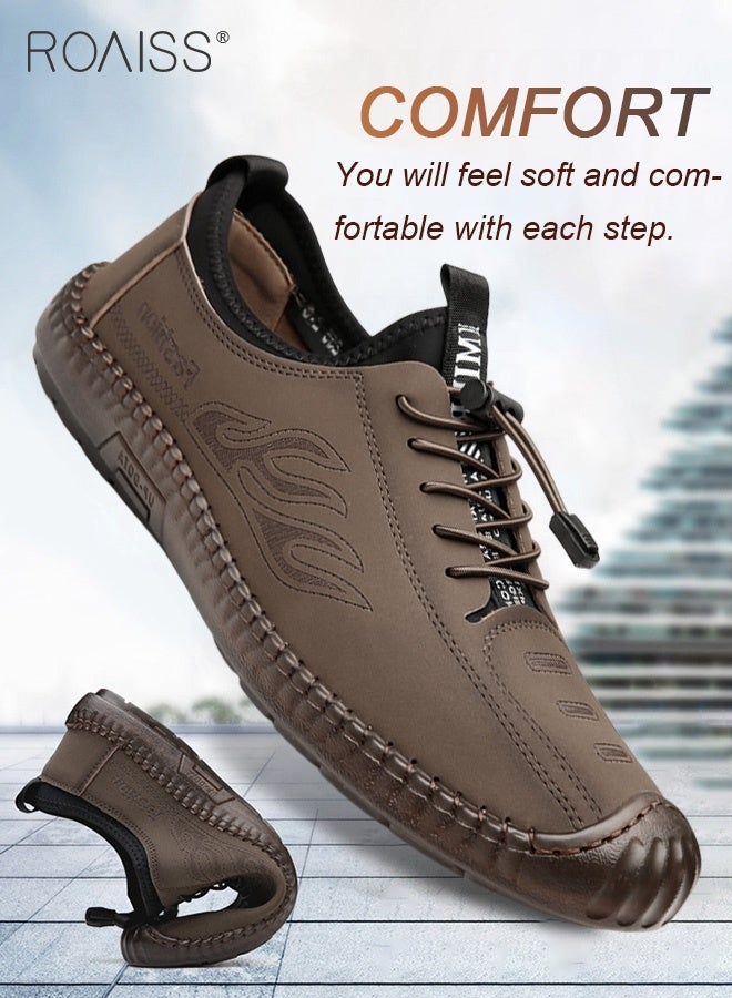 roaiss Men's Casual Drawstring Non-slip Soft Sole Flat Shoes Fashion Round Toe Shoes Daily Hand Stitched Leather Shoes Lace-Up Lightweight Outdoor Casual Loafers Shoes Brown - Image 2