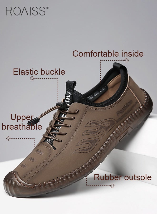 roaiss Men's Casual Drawstring Non-slip Soft Sole Flat Shoes Fashion Round Toe Shoes Daily Hand Stitched Leather Shoes Lace-Up Lightweight Outdoor Casual Loafers Shoes Brown - Image 5