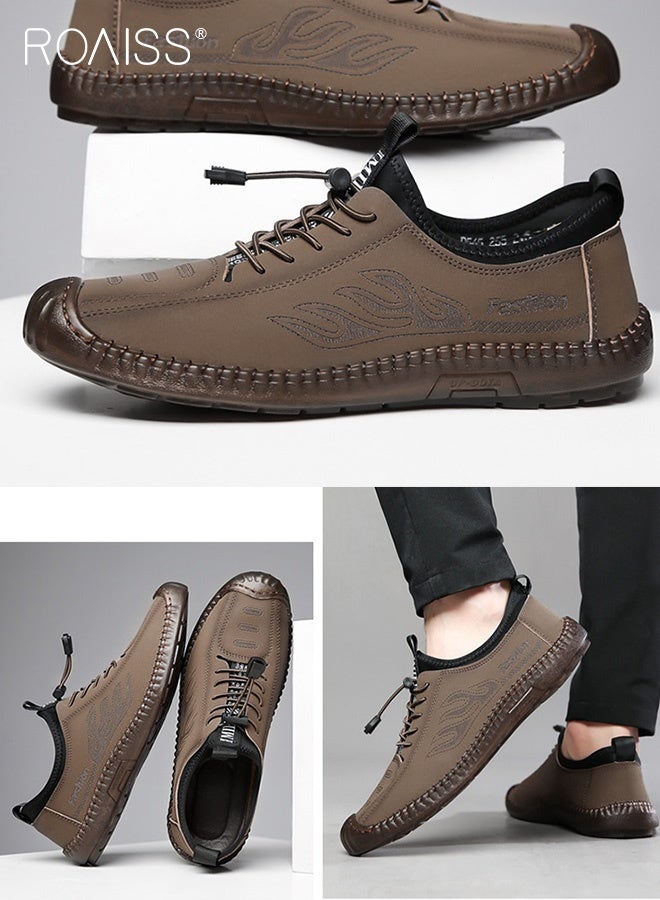 roaiss Men's Casual Drawstring Non-slip Soft Sole Flat Shoes Fashion Round Toe Shoes Daily Hand Stitched Leather Shoes Lace-Up Lightweight Outdoor Casual Loafers Shoes Brown - Image 4