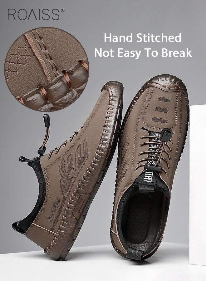 roaiss Men's Casual Drawstring Non-slip Soft Sole Flat Shoes Fashion Round Toe Shoes Daily Hand Stitched Leather Shoes Lace-Up Lightweight Outdoor Casual Loafers Shoes Brown - Image 1