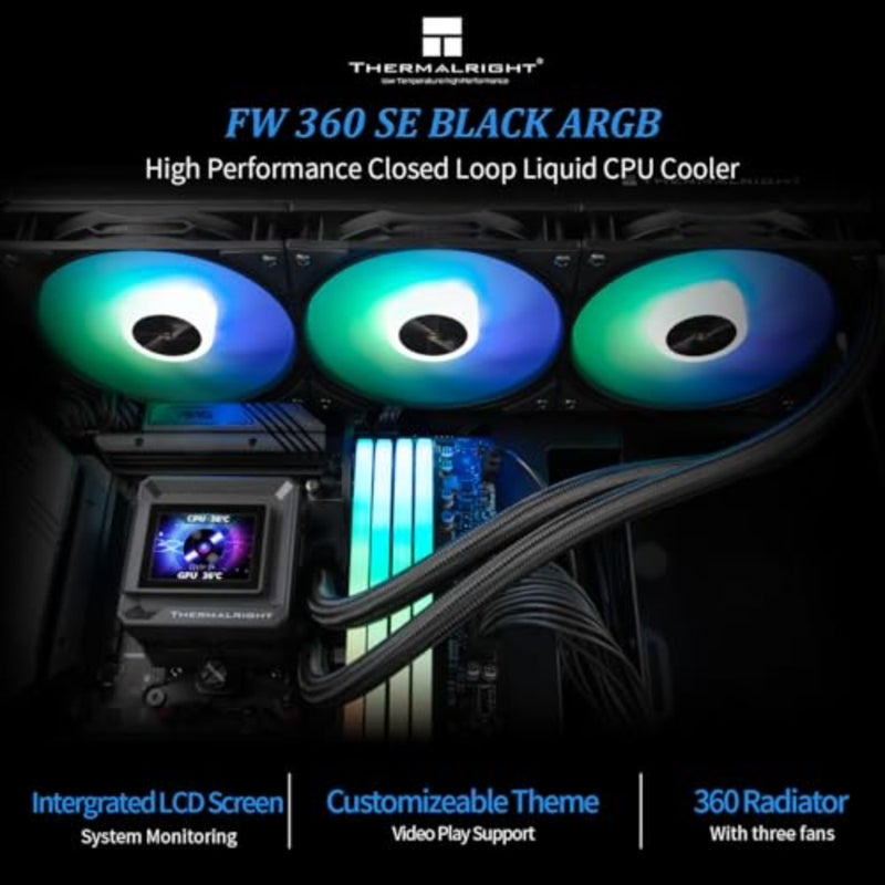 FW 360 SE ARGB Black-AIO CPU Liquid Cooler, IPS LCD Screen with 320x240 Resolution, for AM4/AM5, Intel LGA1700/1851, 2-inch Magnet-Absorbent LCD Screen for Images-Black, PC CPU Water Cooler - Image 2