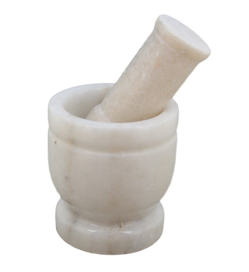 Surva Cart Handmade White Marble Stone Mortal Pestle Hamam Dasta Crusher - Image 1