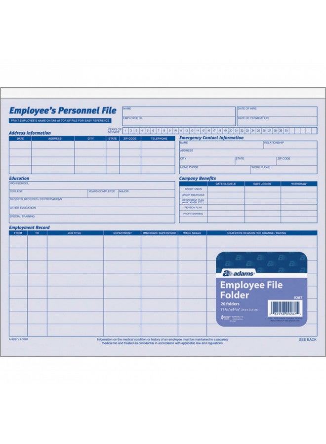 ADAMS Adams Employees Personnel File Folder, Heavy Card Stock, 11-3/4 x 9-1/2 Inches, Pack of 20 Folders (9287ABF) ,Blue/White - Image 4
