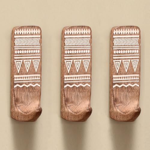 Indian-Shelf IndianShelf Boho Decorative Wood Adhesive Wall Hooks for Hanging Coats, Keys, Leash, Hat, Towel Holder, Cute Sticky Key Holder, Brown and White Western Wall Décor (3 Hooks 6 Strip) - Image 1