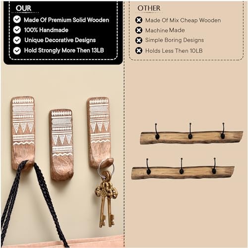 Indian-Shelf IndianShelf Boho Decorative Wood Adhesive Wall Hooks for Hanging Coats, Keys, Leash, Hat, Towel Holder, Cute Sticky Key Holder, Brown and White Western Wall Décor (3 Hooks 6 Strip) - Image 4