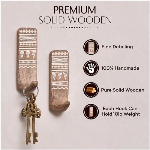 Indian-Shelf IndianShelf Boho Decorative Wood Adhesive Wall Hooks for Hanging Coats, Keys, Leash, Hat, Towel Holder, Cute Sticky Key Holder, Brown and White Western Wall Décor (3 Hooks 6 Strip) - Image 5