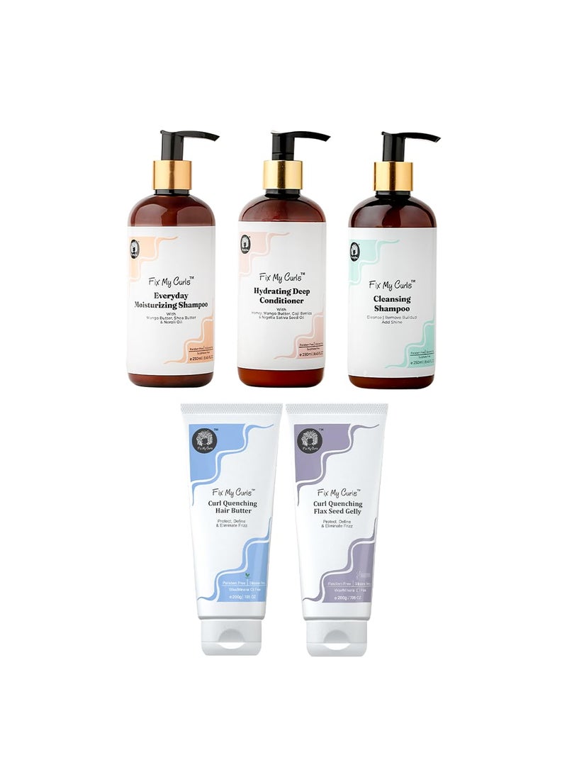 Fix My Curls Complete Curl Care Kit| Cleansing Shampoo, Moisturizing Shampoo, Hydrating Deep Conditioner, Hair Butter & Curl Quenching Gelly for Soothing, Moisturized & Defined Curls|8.81 Oz Each 