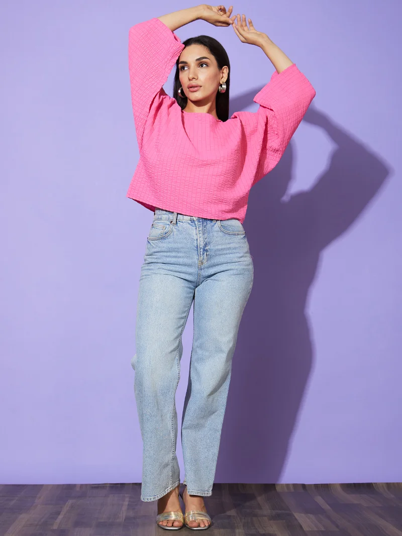 globus Women Pink Vertical Striped Round Neck Slit Sleeves Boxy Fit Casual Top