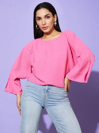 globus Women Pink Vertical Striped Round Neck Slit Sleeves Boxy Fit Casual Top