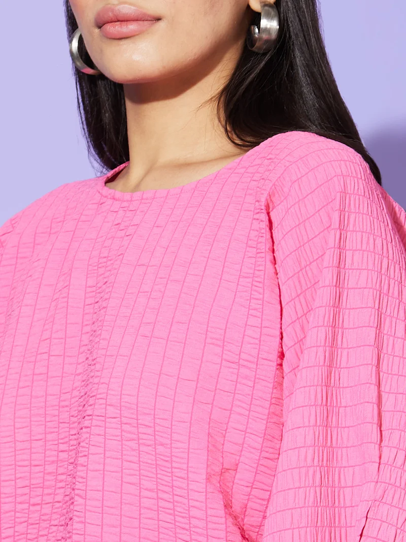 globus Women Pink Vertical Striped Round Neck Slit Sleeves Boxy Fit Casual Top