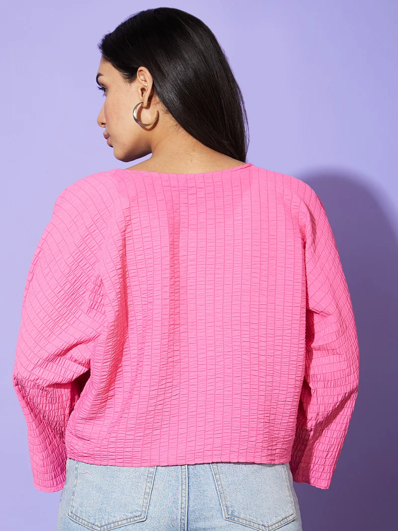globus Women Pink Vertical Striped Round Neck Slit Sleeves Boxy Fit Casual Top