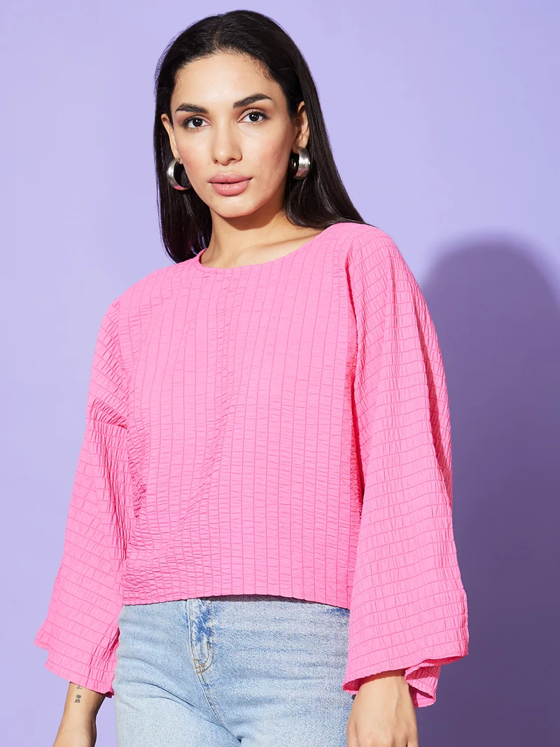 globus Women Pink Vertical Striped Round Neck Slit Sleeves Boxy Fit Casual Top