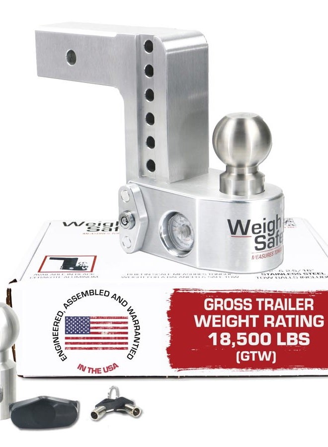 Weigh Safe WS6-2.5-BA 6" Drop Hitch, 2.5" Receiver 18,500 LBS GTW - Adjustable Aluminum Trailer Hitch Ball Mount w/Built-in Scale, 2 Stainless Steel Tow Balls, Keyed Lock, Lifetime Gauge Warranty - Image 1