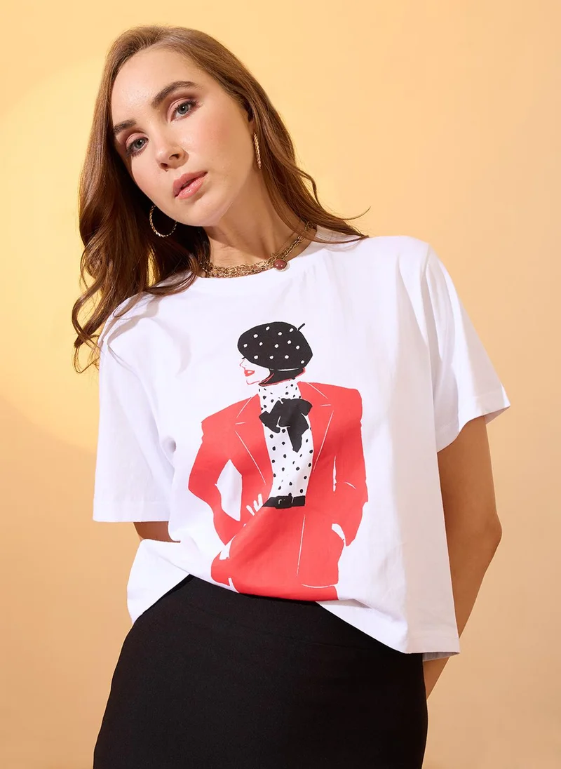 globus Globus Women White Round Neck Short Sleeves Graphic Print Oversized Crop T-Shirt