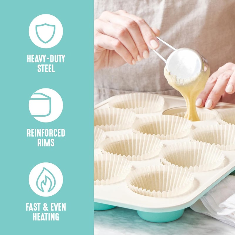 GreenLife 12-Cup Muffin Pan, PFAS-Free Healthy Nonstick Baking Tray, 11.4" x 1.9" x 15.9", Durable Ceramic Bakeware, Cupcakes, Egg Bites, Tarts, Brownies, Turquoise - Image 4