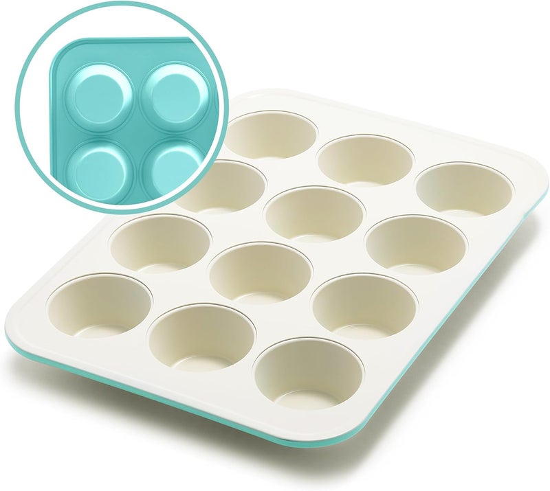 GreenLife 12-Cup Muffin Pan, PFAS-Free Healthy Nonstick Baking Tray, 11.4" x 1.9" x 15.9", Durable Ceramic Bakeware, Cupcakes, Egg Bites, Tarts, Brownies, Turquoise - Image 1