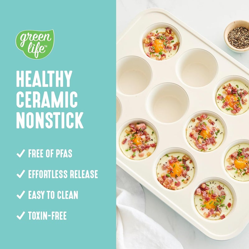 GreenLife 12-Cup Muffin Pan, PFAS-Free Healthy Nonstick Baking Tray, 11.4" x 1.9" x 15.9", Durable Ceramic Bakeware, Cupcakes, Egg Bites, Tarts, Brownies, Turquoise - Image 2