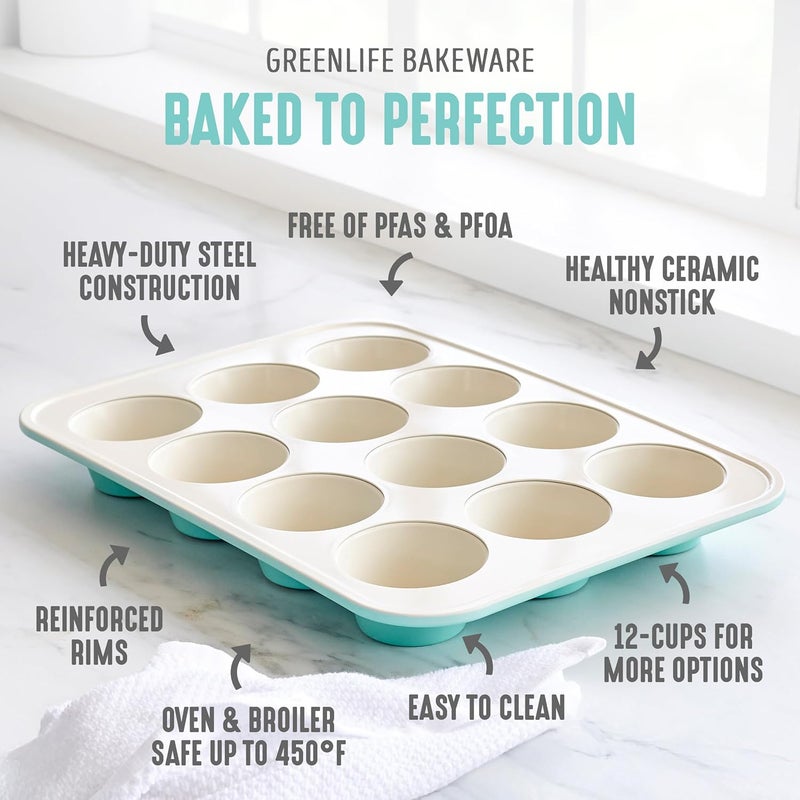 GreenLife 12-Cup Muffin Pan, PFAS-Free Healthy Nonstick Baking Tray, 11.4" x 1.9" x 15.9", Durable Ceramic Bakeware, Cupcakes, Egg Bites, Tarts, Brownies, Turquoise - Image 3
