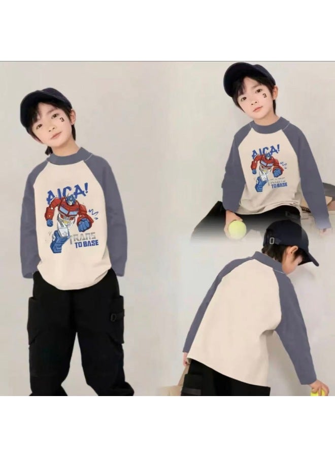 Boys' Autumn And Winter New Thermal Base Shirt, New Color-blocking Versatile Trendy Long-sleeve T-shirt For Older Children - Image 1
