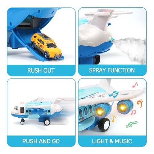 CUTE STONE Toy Airplane with Smoke, Lights & Sounds, Friction Powered Plane Toy with Mini Cars for Kids, Great Christ Gift for Boys and Girls - Image 3