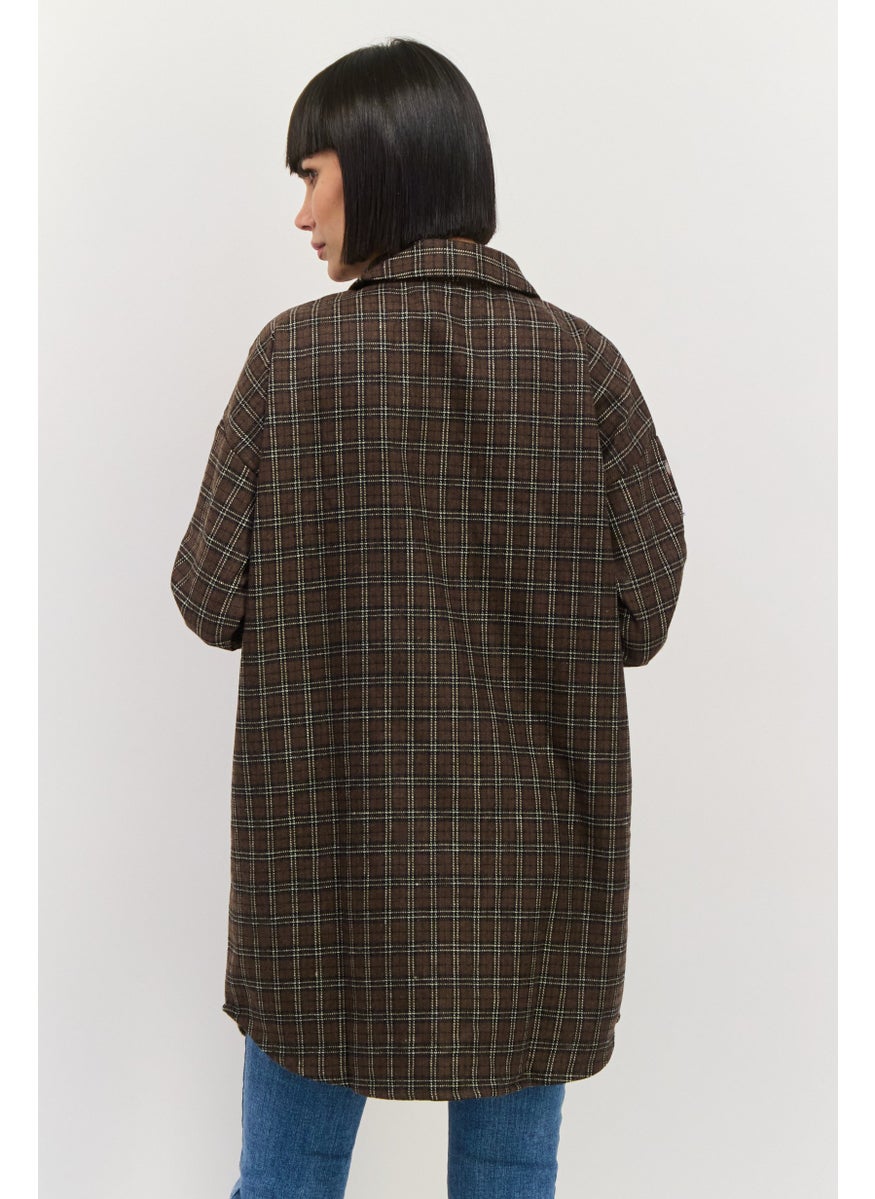 Heartbreak - Women Oversized Plaid Shirt Jacket, Brown - Image 1