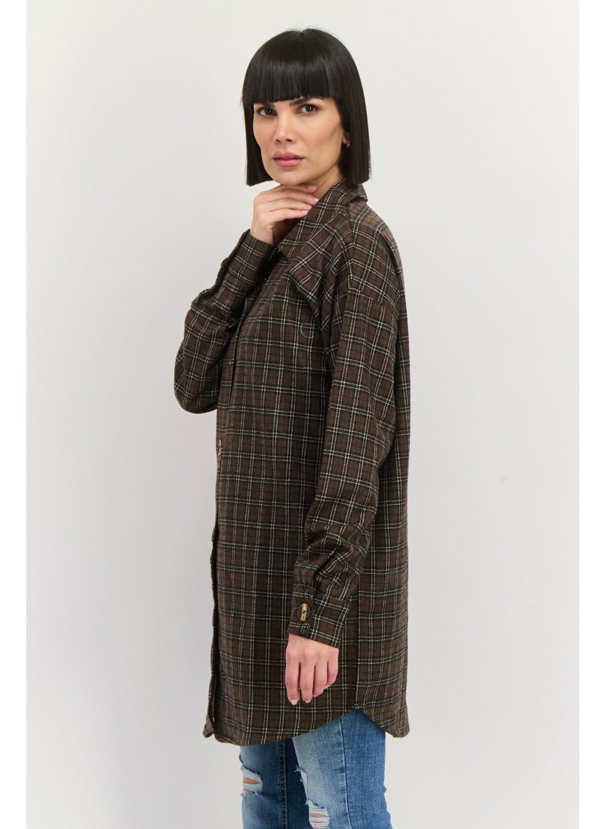 Heartbreak - Women Oversized Plaid Shirt Jacket, Brown - Image 1